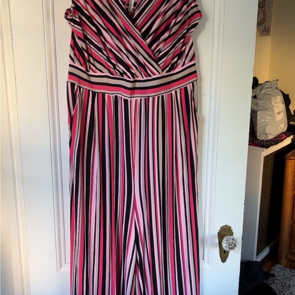 Torrid Pink and Black Striped Jumpsuit